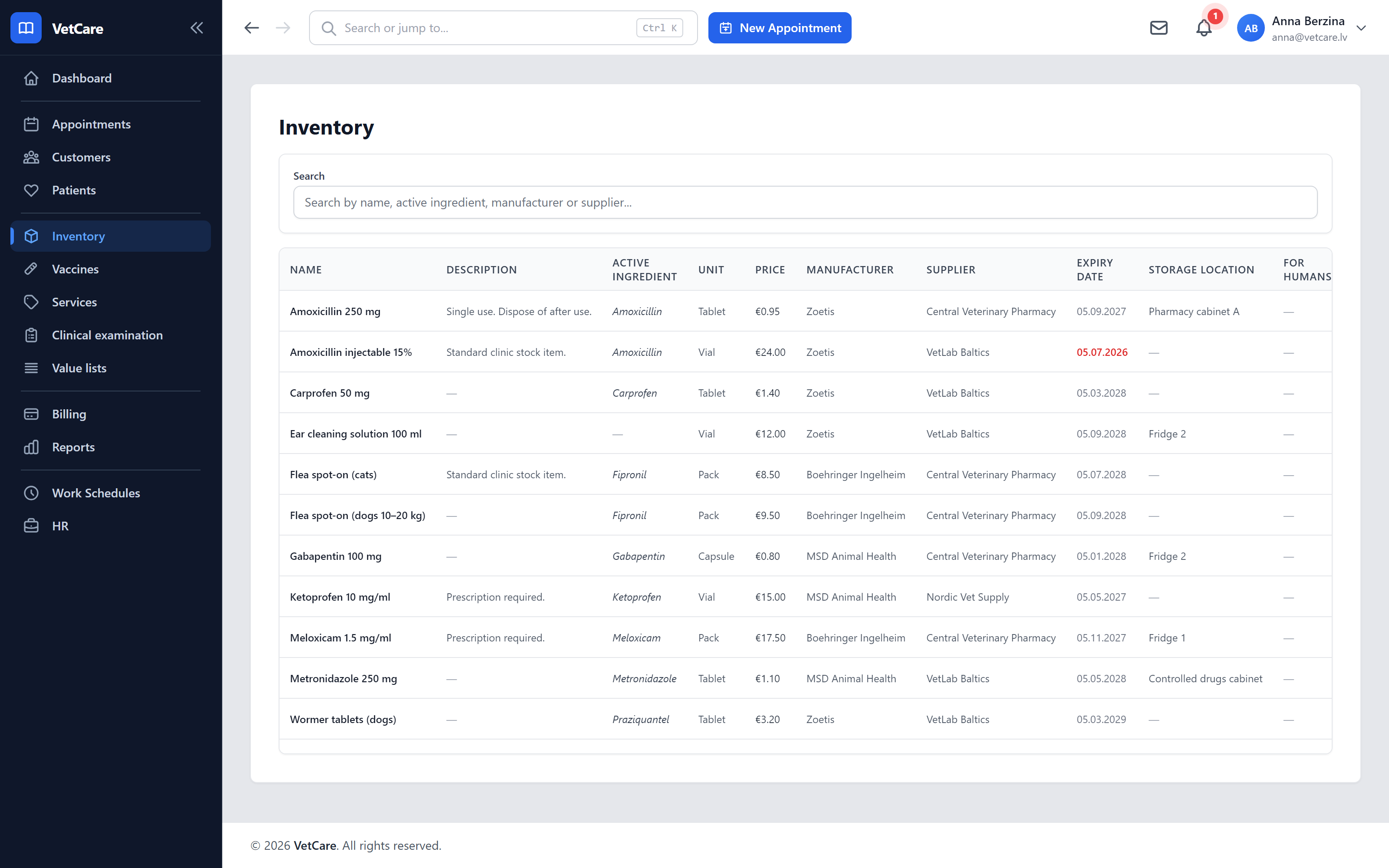 The inventory list with name, description, active ingredient, unit, price, manufacturer, supplier and expiry date.