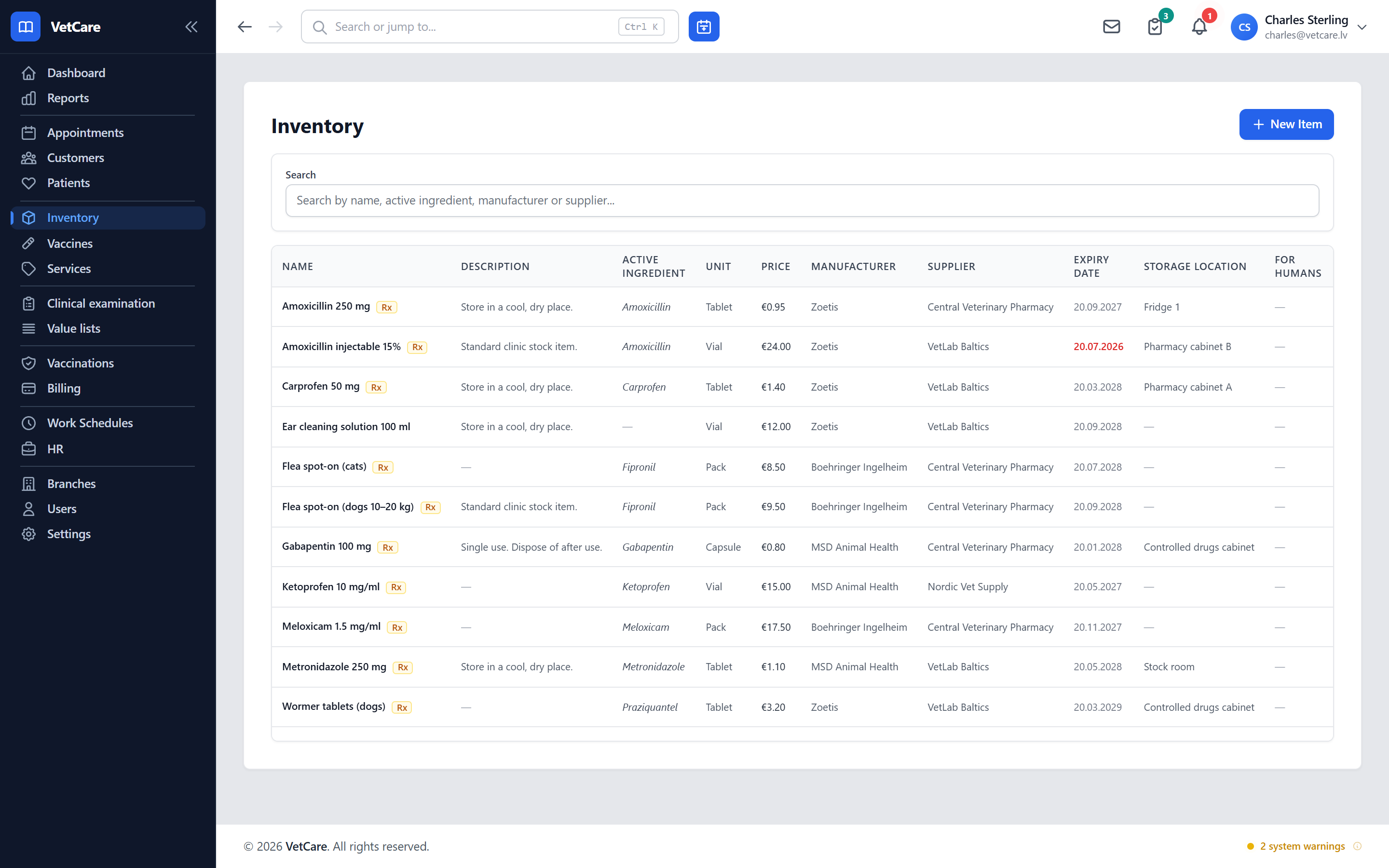 Inventory list with name, active ingredient, unit, price and expiry date.