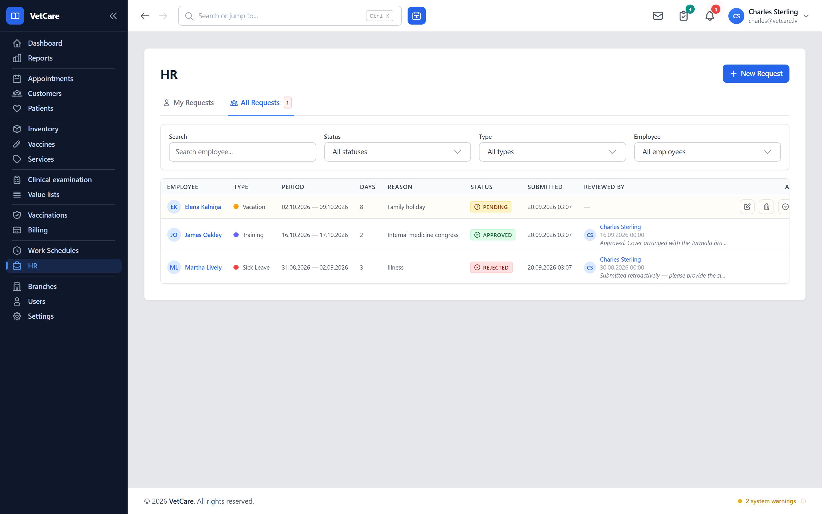 Staff screen with absence requests and their status.