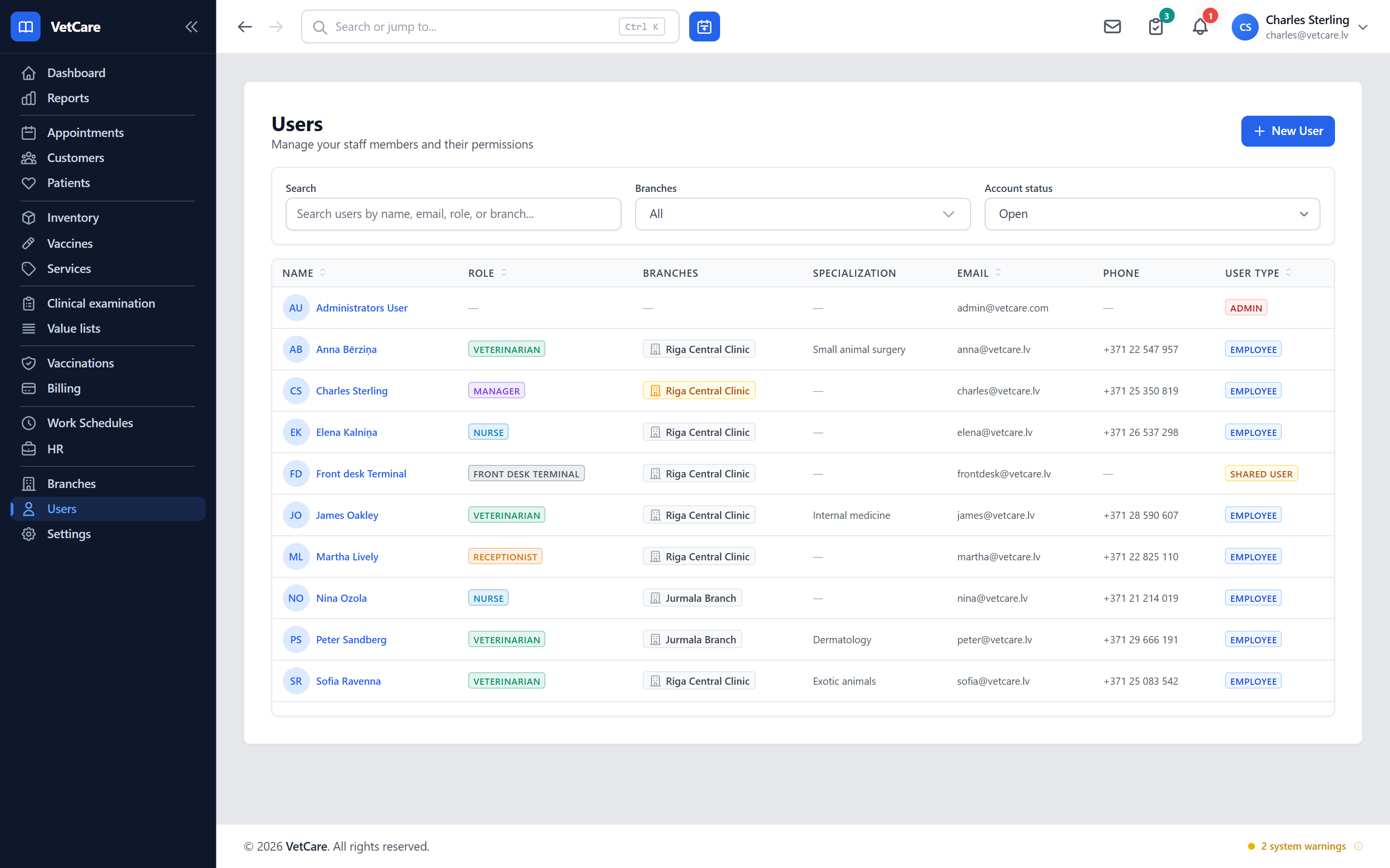 User list with role, branch and status.
