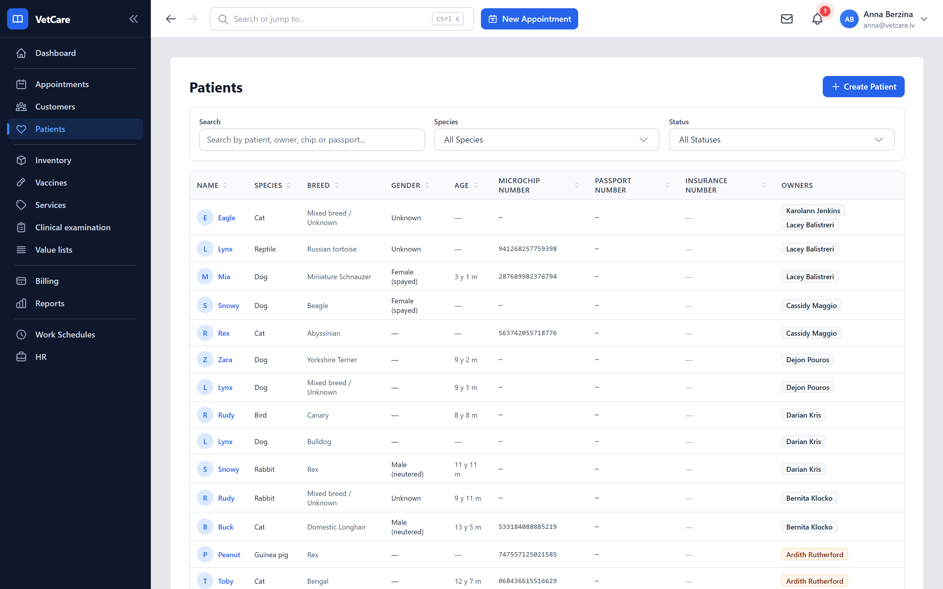 The patient register with search, species and status filters, and sortable columns.